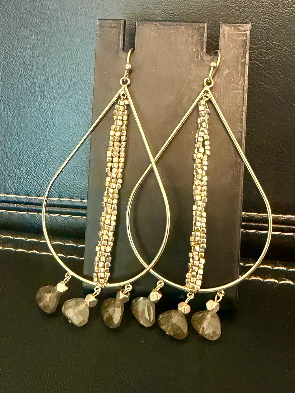 Anthropologie Gold Teardrop Earrings with Smoky Gray Beaded Drops